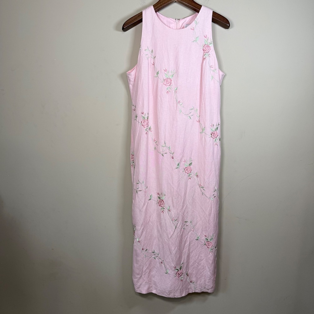 Plaza South Vintage Pink Linen Blend Floral Embroidered Sleeveless Maxi Dress